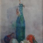 Aquarel van Herman Bogman, voorstellende een groene fles met groente en fruit.