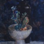 Aquarel van Herman Bogman, voorstellende een cactus in een pot,met daar achter een zwarte fles.