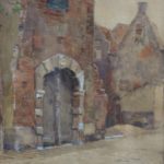 Aquarel van Herman Bogman, voorstellende een huisje aan de Uilenburg te Den Bosch. Het huis heeft een natuurstenen kozijnomlijsting met daarin een dubbele deur.