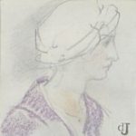 Kleine pasteltekening van Jonkheer Johan Antonie de Jonge, voorstellende een jonge vrouw met een witte hoofddoek en een paars kledingstuk.