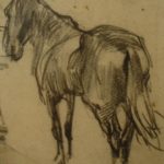 Krijt tekening van Arnold Hendrik Koning, voorstellend een paard in de stal met achteraanzicht.