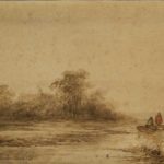 Aquarel van J.F. Hoppenbrouwers, voorstellende een plas met een vissersbootje met twee vissers. Op de achtergrond een dorpje en een behuizing.