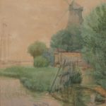 Aquarel van Piet van Boxel, voorstellende een polderlandschap met een waterplas en een molen.