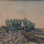 Pastel met een zaaier op het land en in de verte een boerderij links en een rij bomen. Doet sterk aan Vincent van Gogh's werken denken.