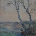 Aquarel vrouw onder berkenboom op heideveld van Bernard Schregel