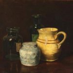Bernard Schregel, olieverf maroufle, 36x50 cm, Stilleven met gele aardewerken kan, Oosterse dekselpot en 2 glazen flessen.
