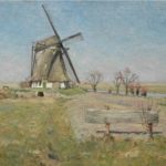 Olieverf van Piet van Boxel, voorstellende een polderlandschap met molen op Texel.